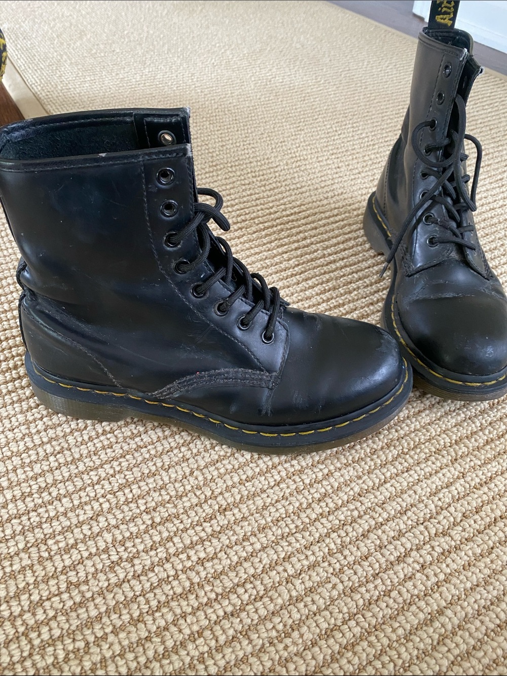 Dr. Martens Black Leather Lace-Up Ankle Boots with Yellow Stitching